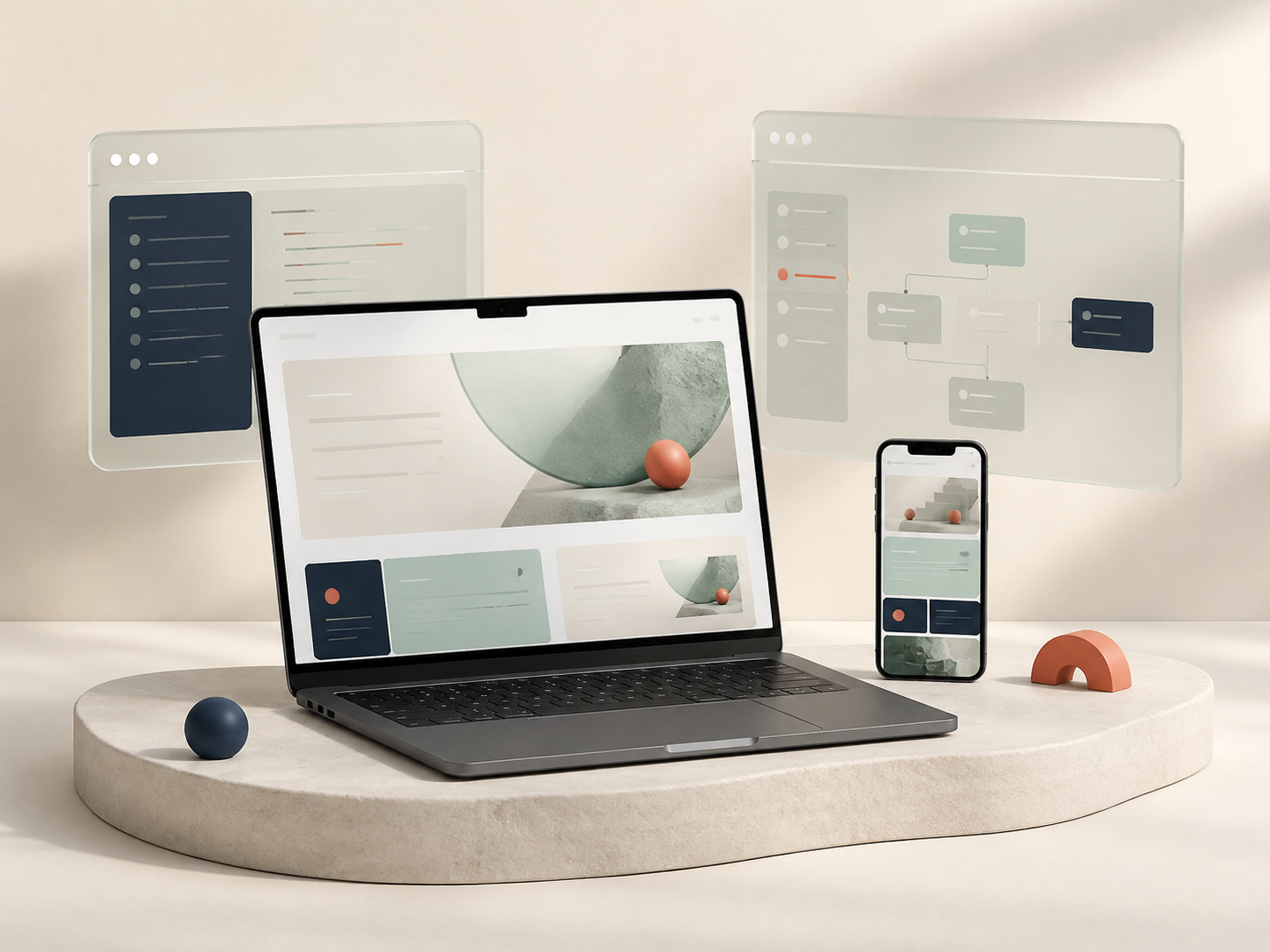 3D illustration of a laptop, mobile website and software workflow panels