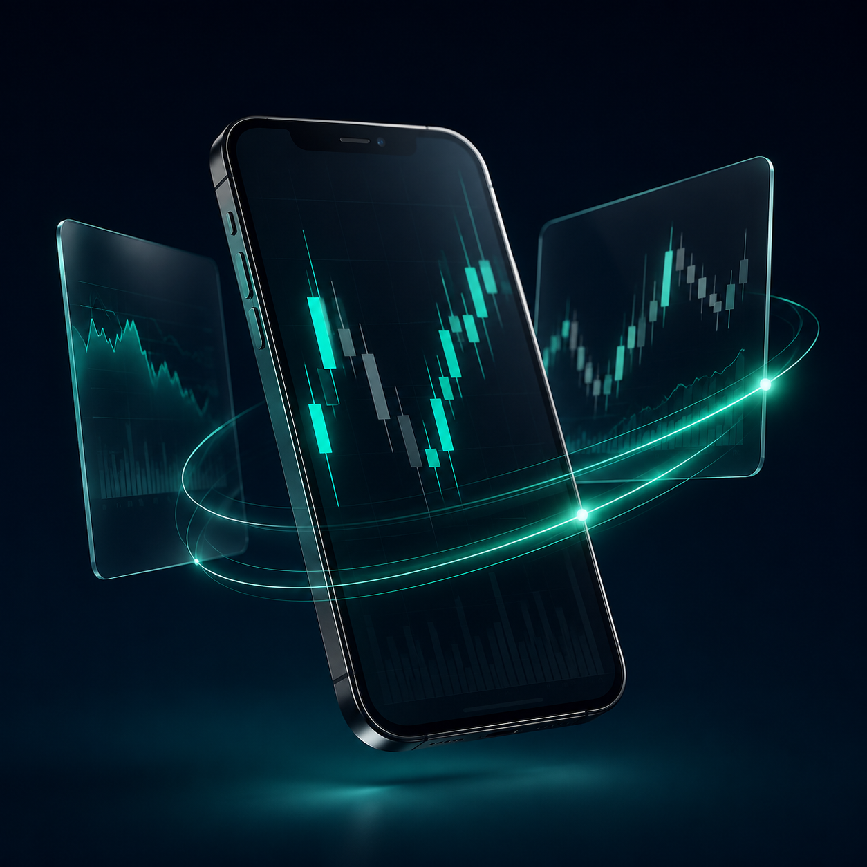 Concept illustration of a smartphone with floating market charts and mint analytical light trails