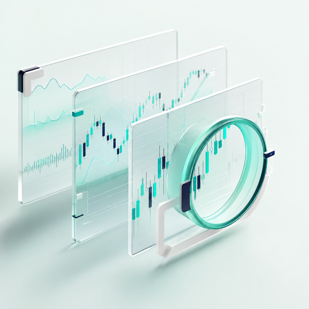 Glass chart layers and a mint magnifying lens illustrating market research across multiple perspectives